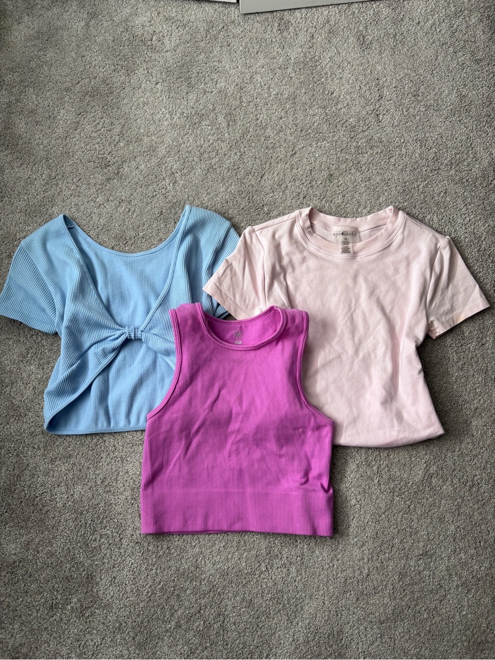 3-Pack Women's Summer Tops — Sky Blue Twist Crop, Light Pink Tee, Magenta Tank